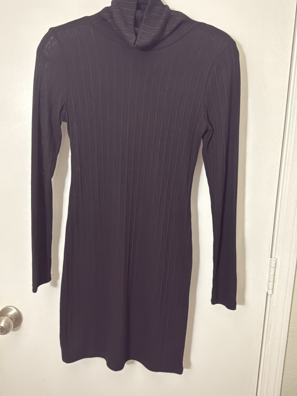 Black Long Sleeve Turtleneck Ribbed Knit Dress